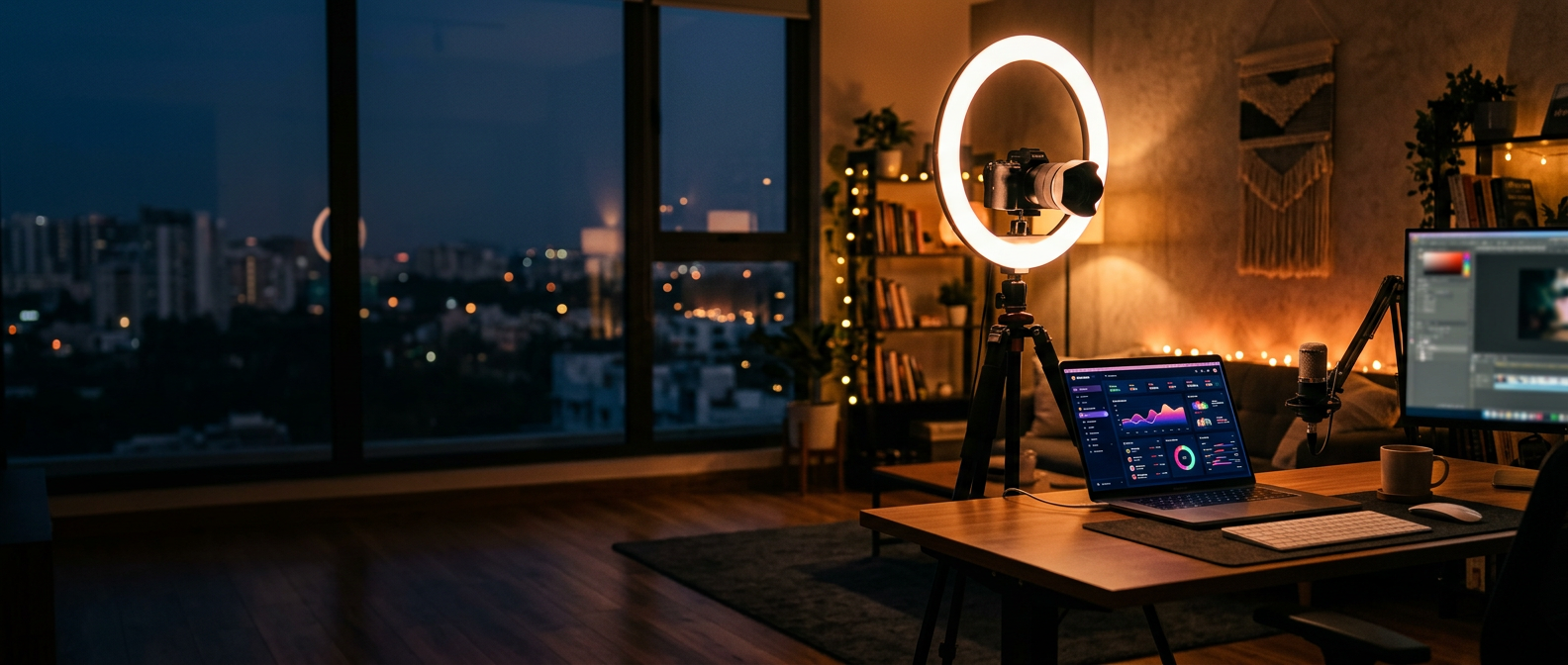 A creator studio at dusk with a ring light, camera and a laptop showing a dashboard